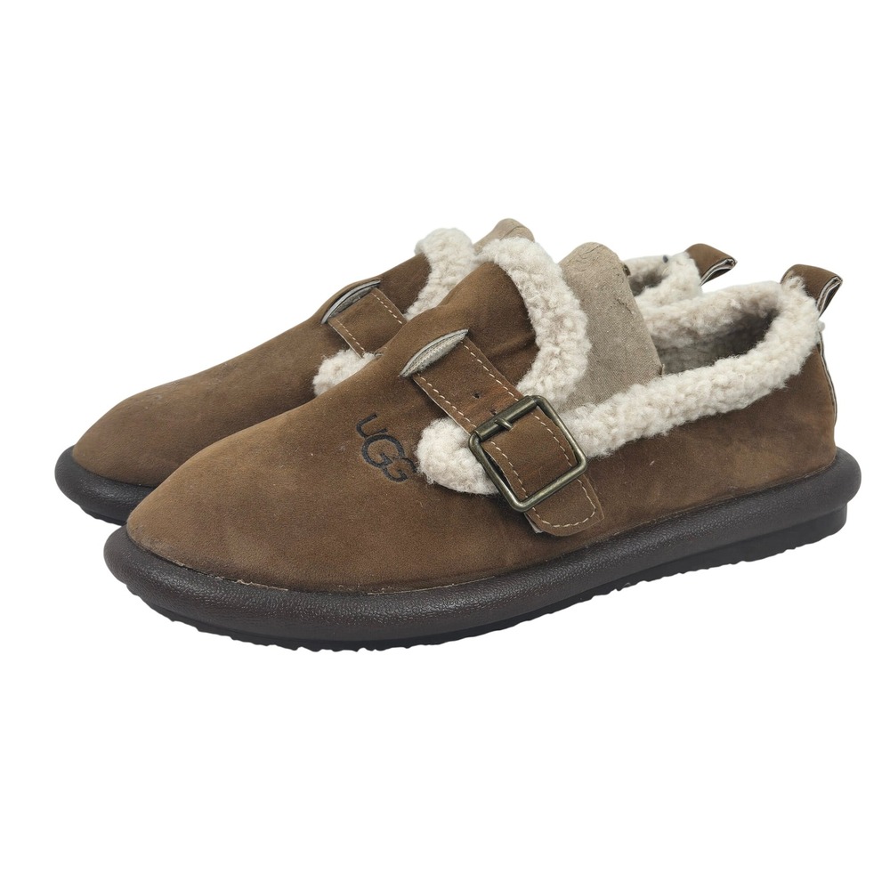 Australian UGG Sheepskin Moccasin Slippers Suede w Buckle Brown Women 7.5-8